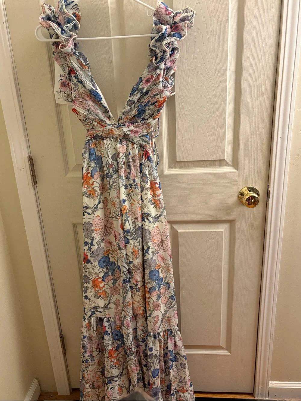 🆕 Marissa Cut-out Ruffle Floral Cutout Maxi Dress in White with Multicolor Print